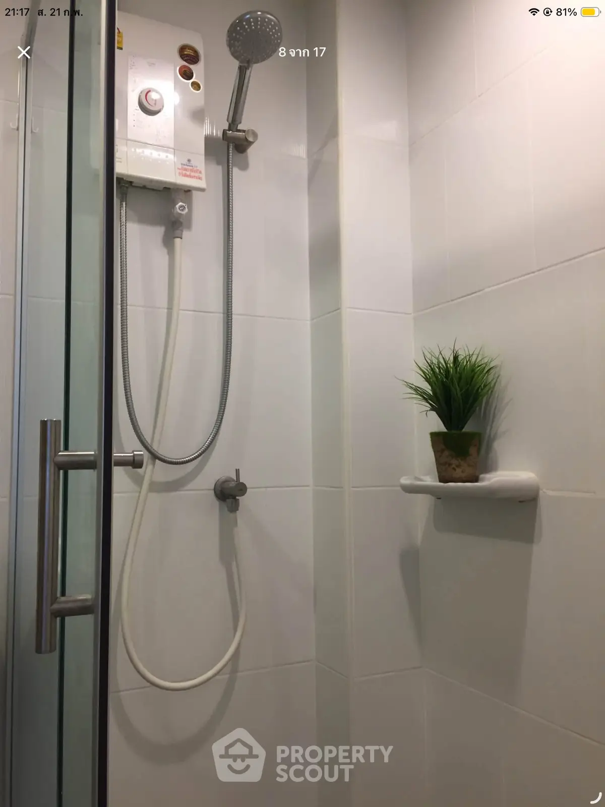 Modern bathroom shower with sleek design and small plant accent