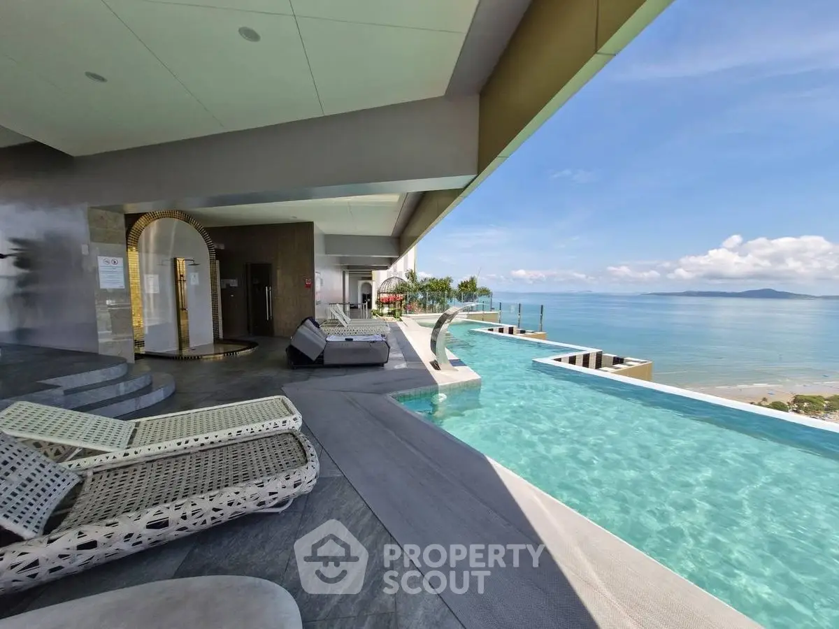 Luxurious rooftop infinity pool with stunning ocean view and modern lounge chairs.