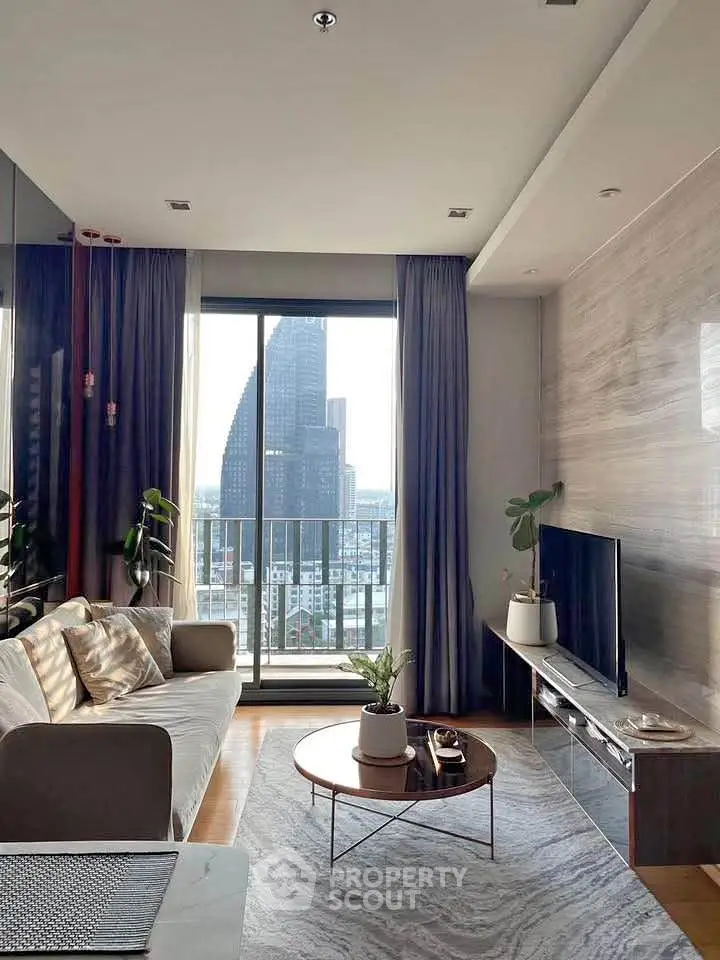 Modern living room with stunning city view and elegant decor
