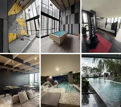 Luxurious condo amenities with pool, gym, and game room in modern high-rise building.