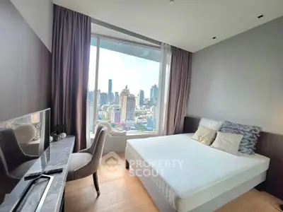 Modern bedroom with stunning city view, featuring a cozy bed and elegant decor.