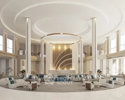 Luxurious grand lobby with elegant circular seating, towering columns, and a stunning central light feature creating an opulent welcome area.