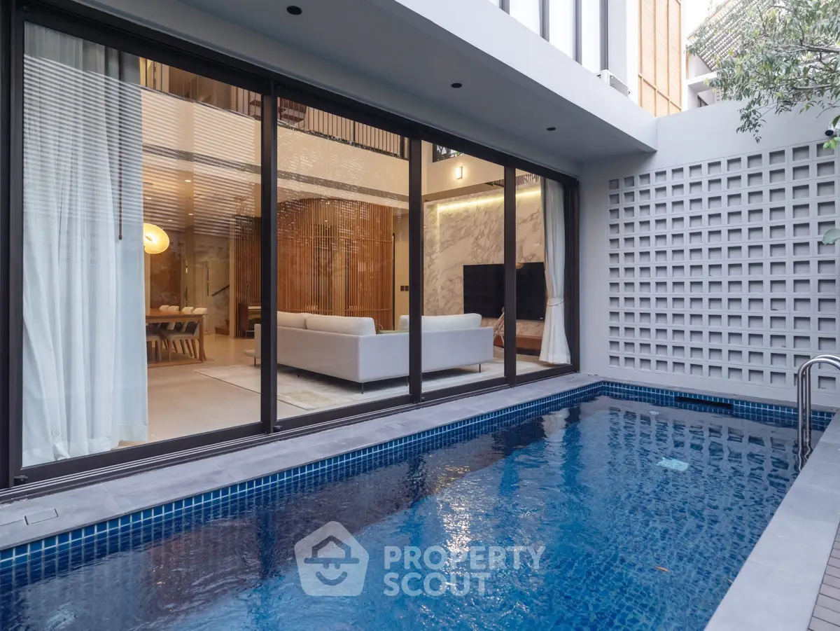 Luxurious modern home with private pool and elegant interior design, perfect for relaxation and entertainment.