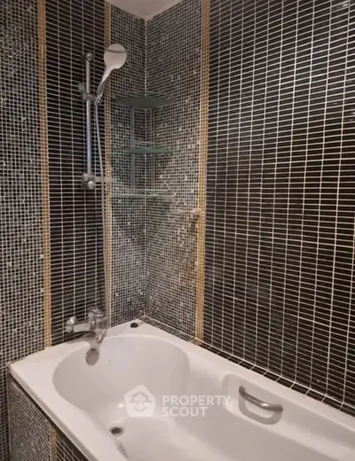 Modern bathroom with stylish mosaic tiles and a sleek bathtub.