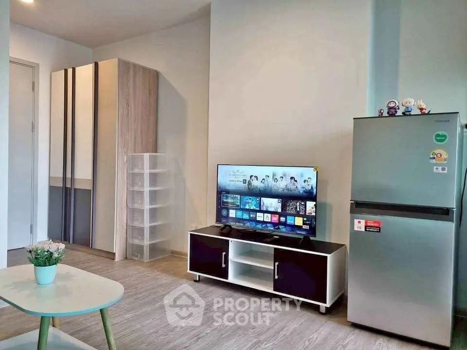 Modern living room with sleek TV setup and stylish decor