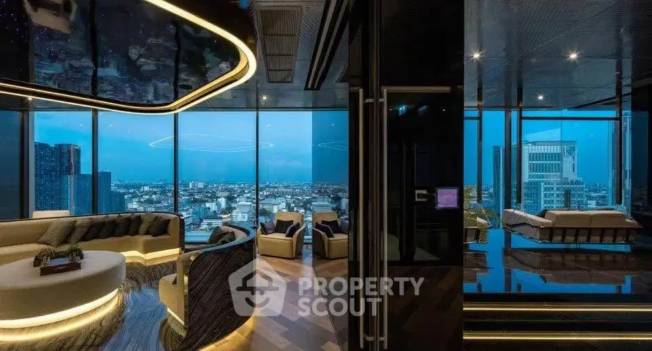 Luxurious modern living room with panoramic city view and elegant lighting.