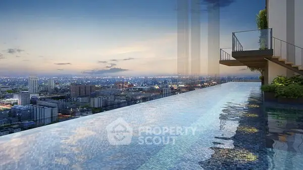 Stunning rooftop infinity pool with breathtaking city skyline views at sunset.