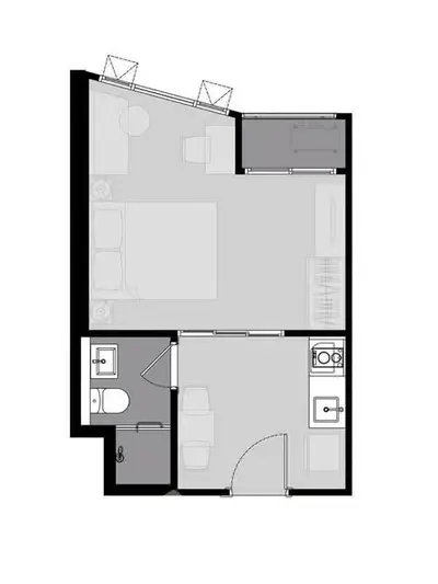 Compact studio apartment floor plan with efficient layout and modern amenities.