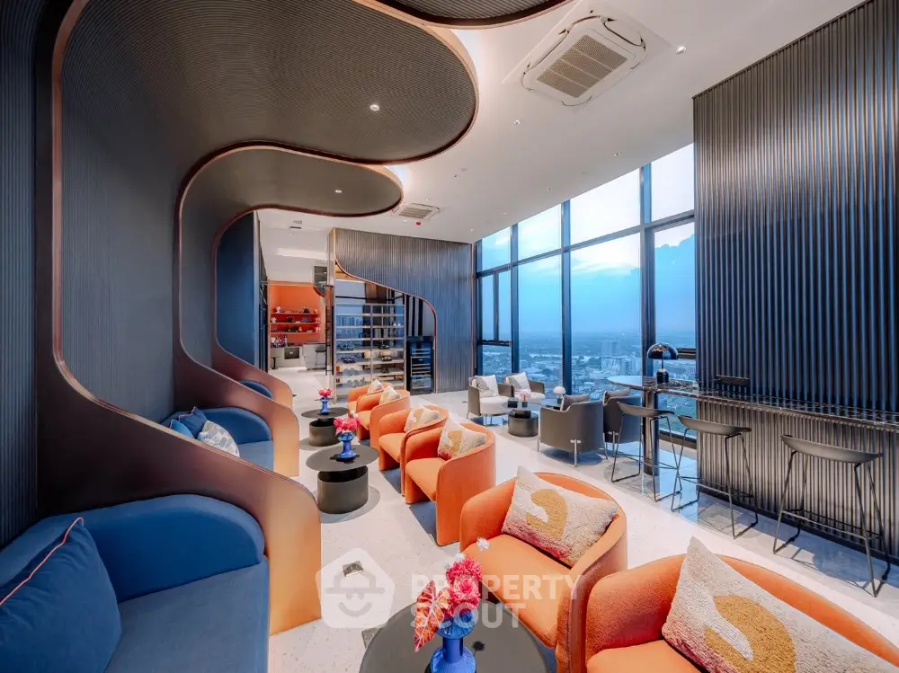 Luxurious modern living room with panoramic city view and stylish interior design