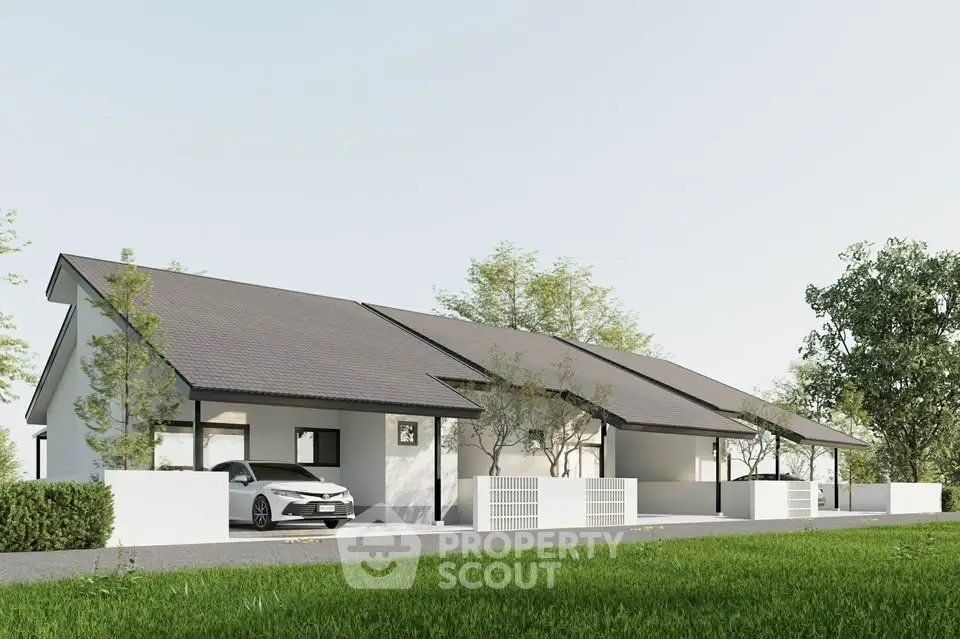 Modern single-story homes with sleek design and lush greenery