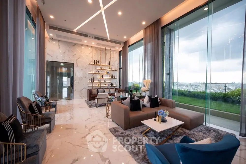Luxurious living room with floor-to-ceiling windows and stunning city view
