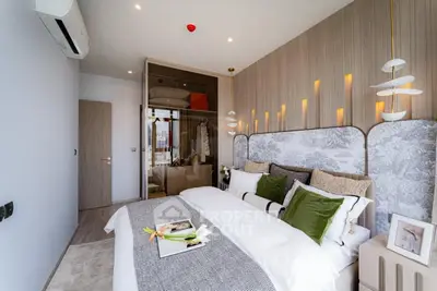 Luxurious modern bedroom with elegant decor and ambient lighting