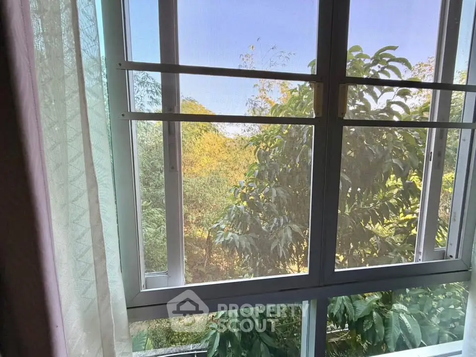Scenic view from a window with lush greenery and clear blue sky