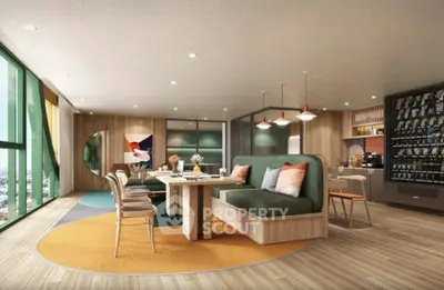 Spacious modern living room with stylish decor and large windows offering city views.