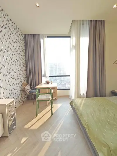 Bright bedroom with modern decor and large window offering city view