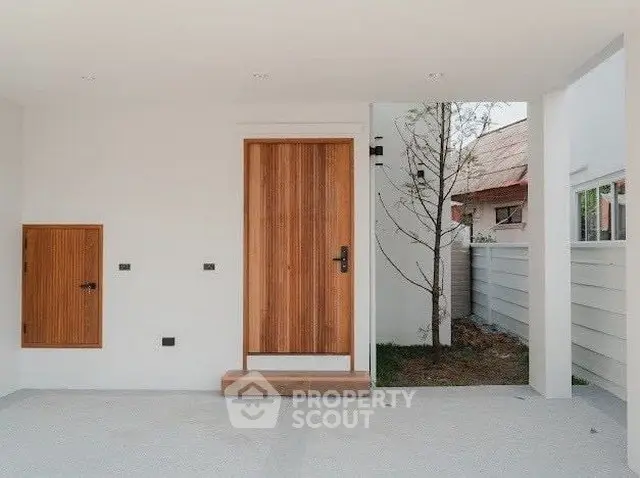 Modern minimalist entrance with wooden door and clean lines