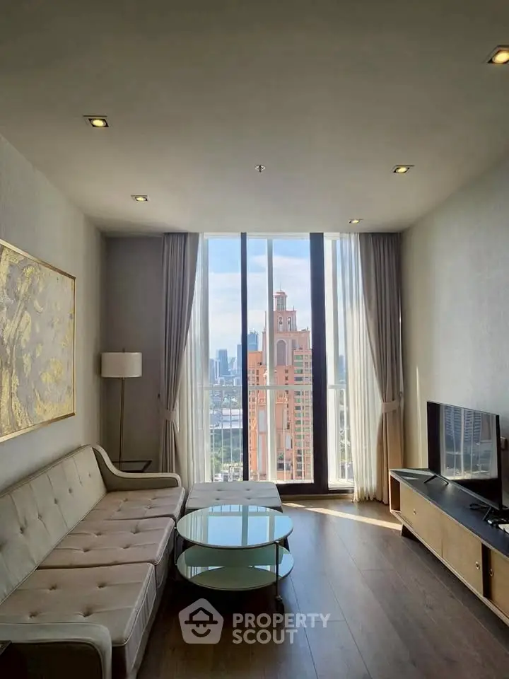 Modern living room with stunning city view and elegant decor