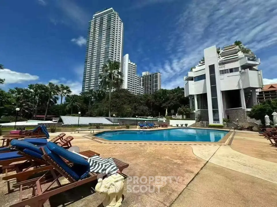 Luxurious poolside view with modern high-rise buildings and lush greenery