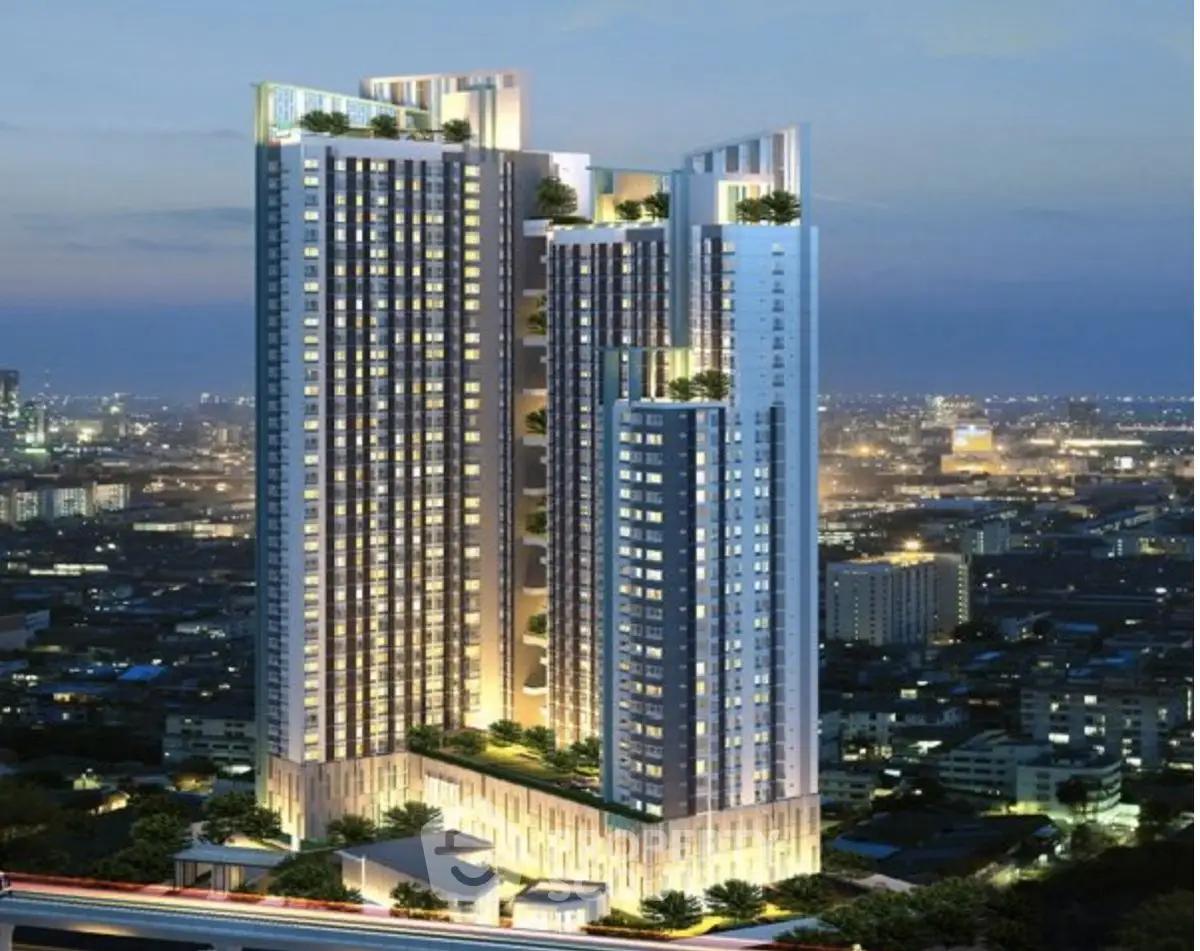 Stunning high-rise building with cityscape view, modern architecture, and illuminated facade at dusk.