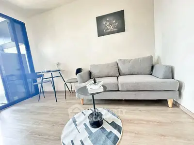 Modern living room with stylish gray sofa and chic decor