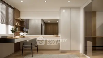 Modern study room with sleek design, built-in desk, and ample storage in a contemporary home.