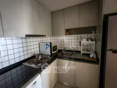Modern kitchen with sleek cabinets, electric stove, and stainless steel sink in a compact layout.