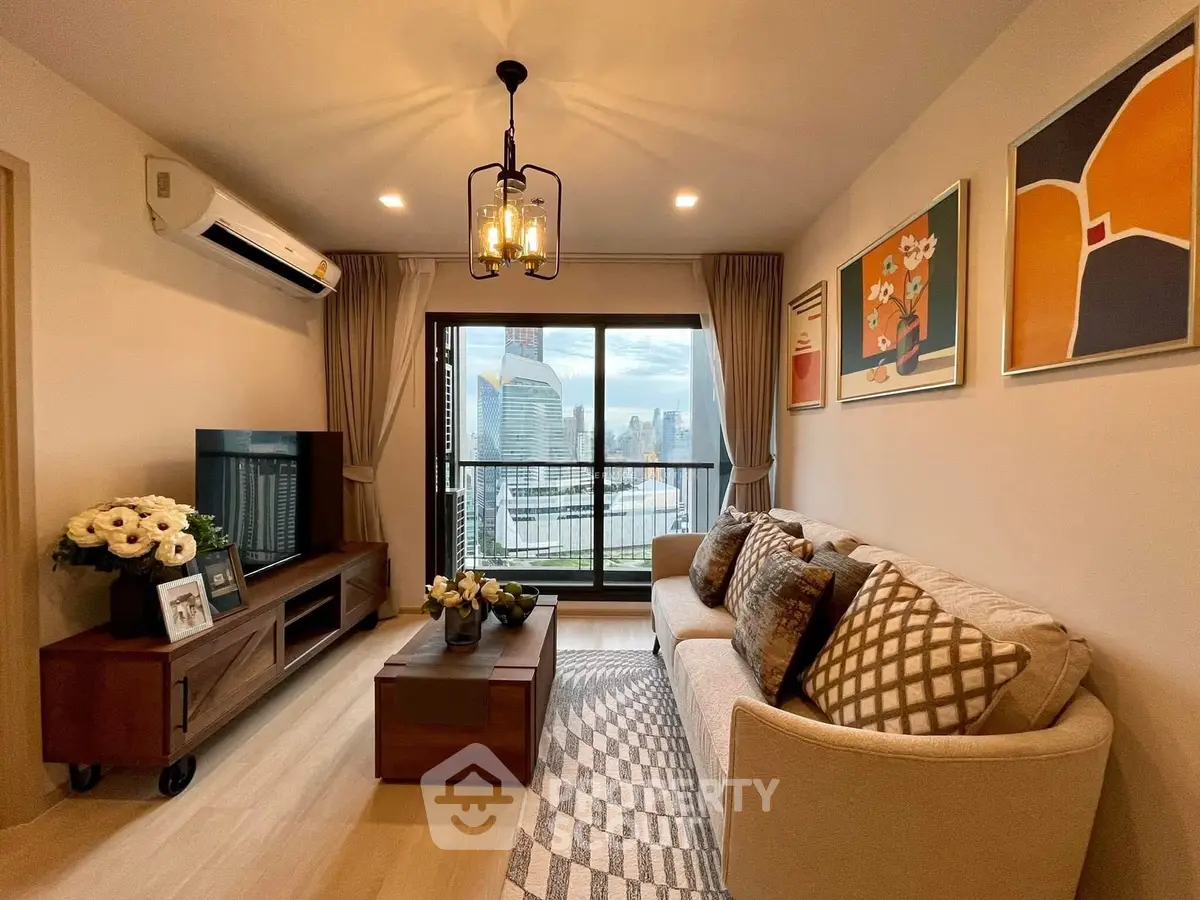 Stylish living room with city view, modern decor, and cozy ambiance.