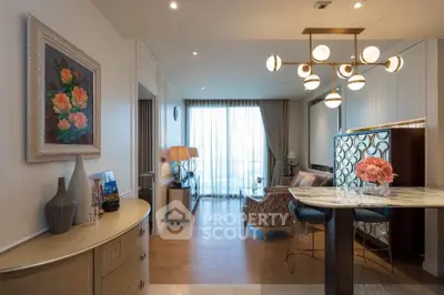 Luxurious living room with elegant decor and modern lighting in a high-end apartment.