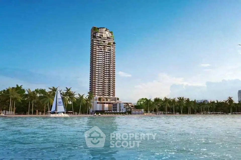 Stunning beachfront high-rise with breathtaking ocean views and lush palm surroundings.