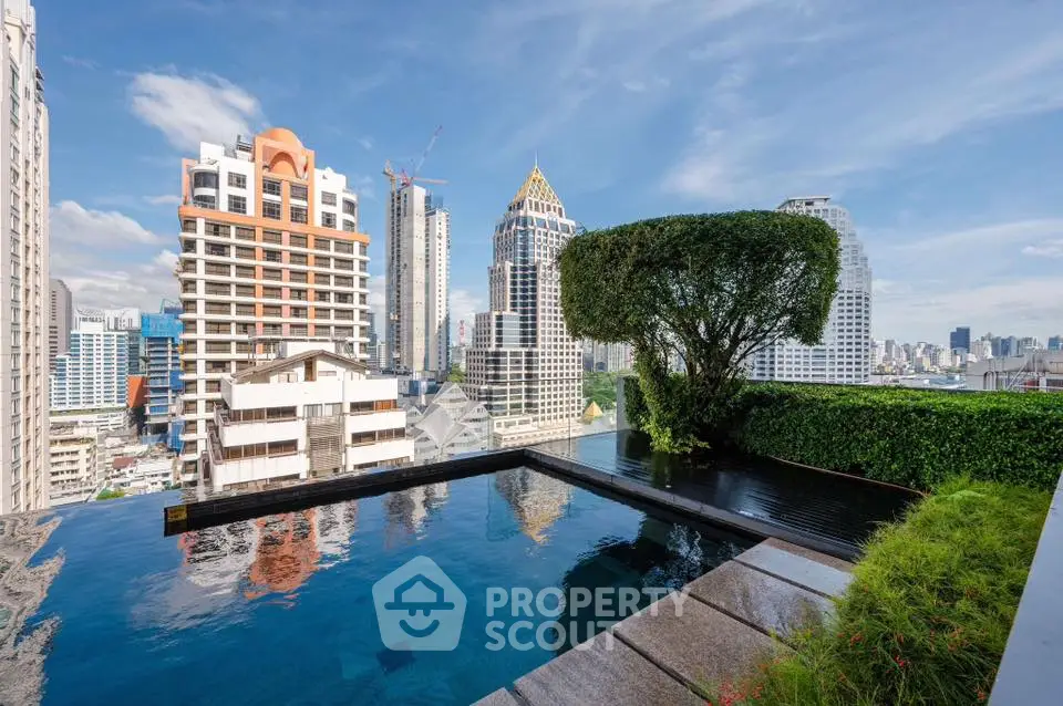Stunning rooftop pool with panoramic city views and lush greenery