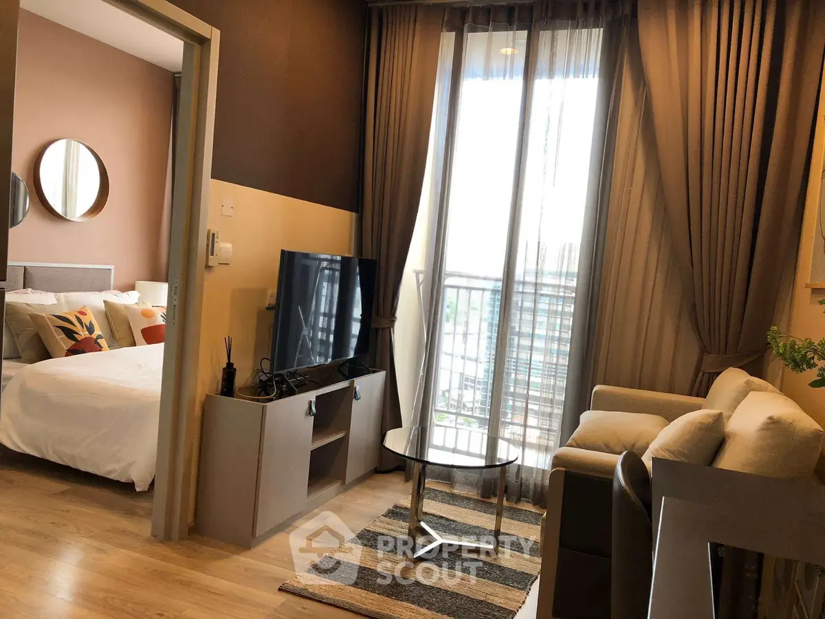 Modern living room with balcony view in stylish apartment