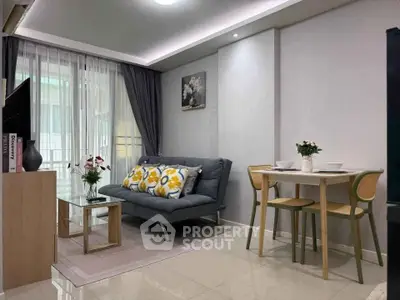 Modern living room with stylish decor and cozy seating area