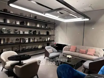 Modern living room with stylish furniture and elegant shelving