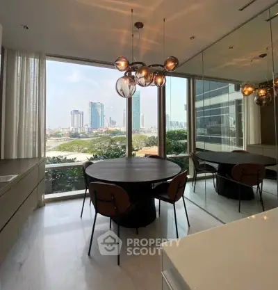 Modern dining area with large windows offering stunning cityscape views, elegant lighting, and sleek furnishings.