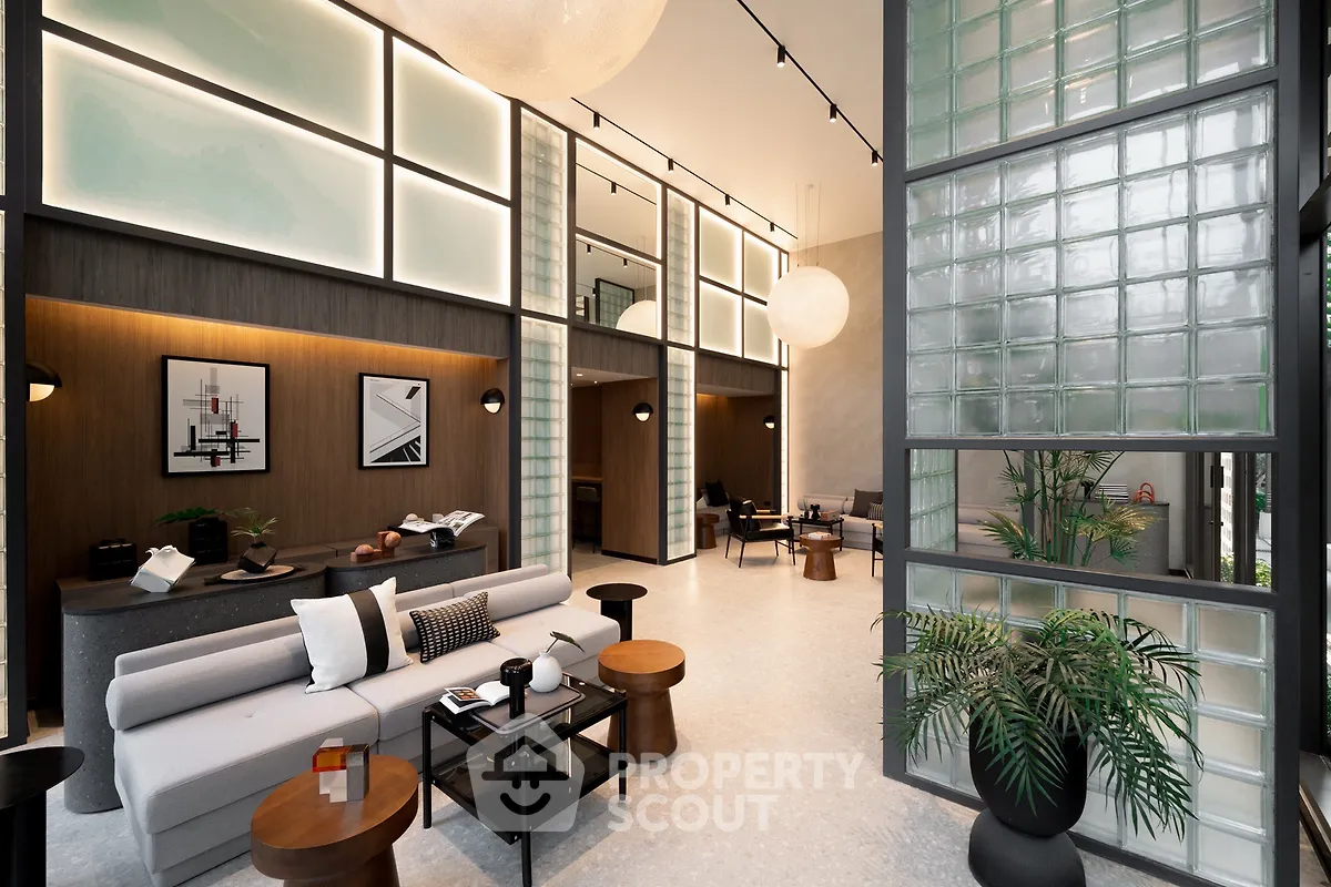 Luxurious modern living room with high ceilings and elegant decor