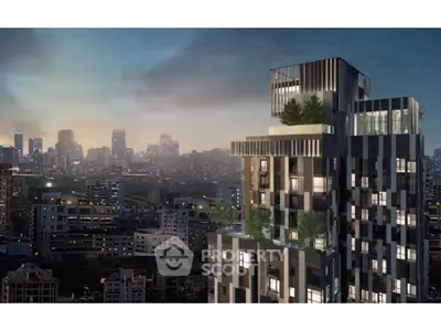 Stunning modern high-rise building with city skyline view at dusk.