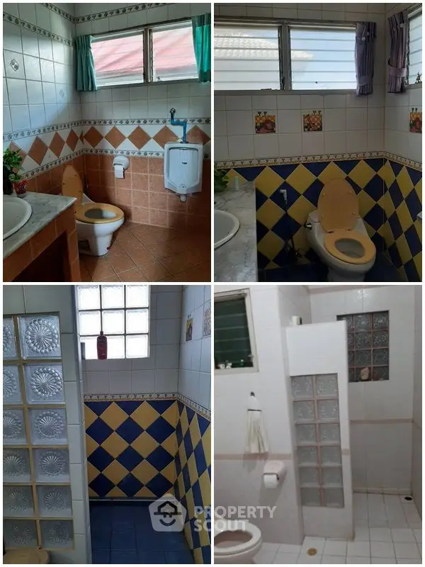 Spacious bathroom with colorful tiles and natural light, featuring modern fixtures.