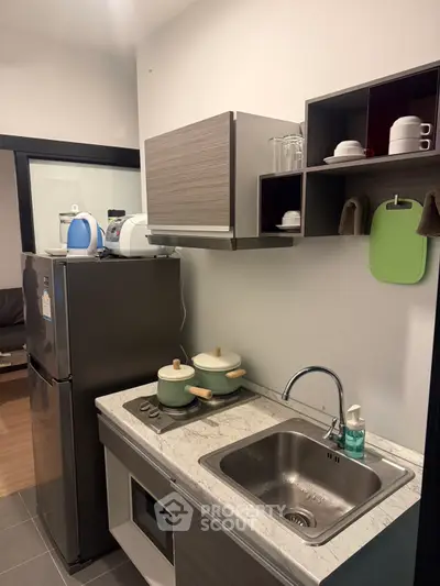 Modern compact kitchen with sleek cabinetry and stainless steel appliances