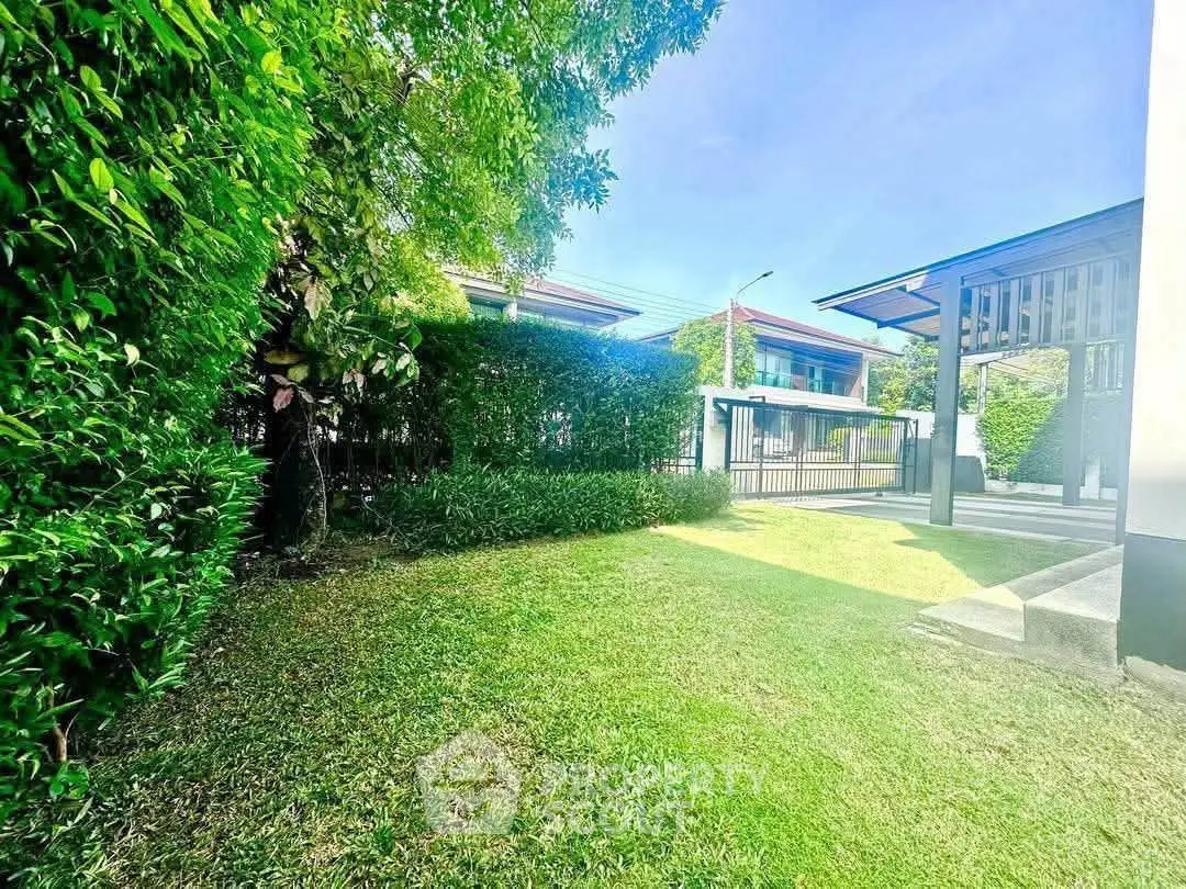 Spacious green garden with lush hedges and modern house exterior, perfect for outdoor relaxation.