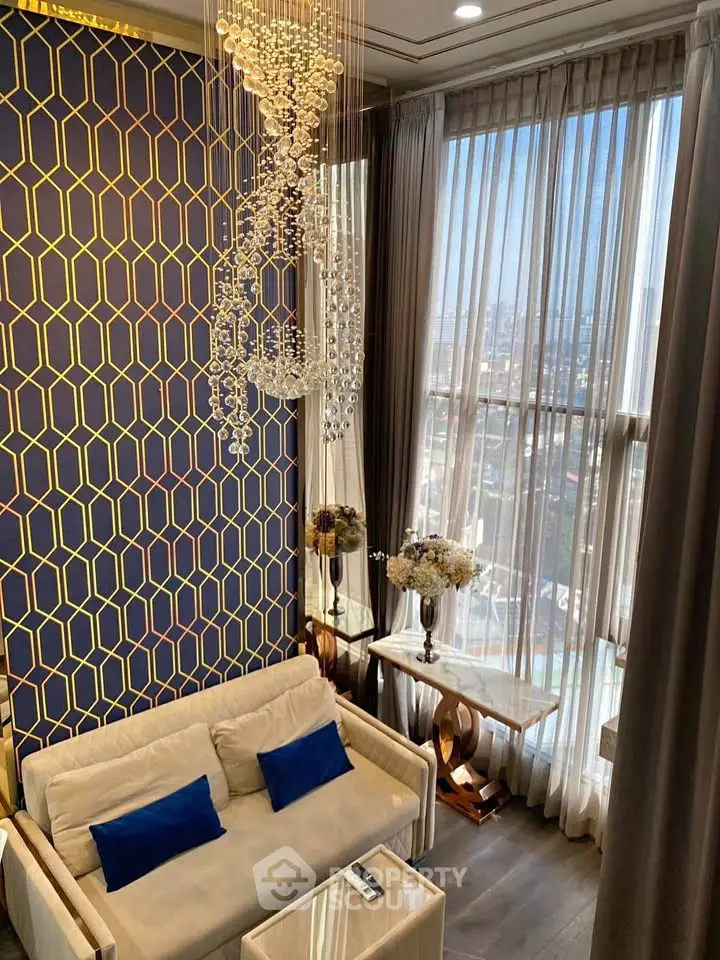 Luxurious living room with stunning city view and elegant decor