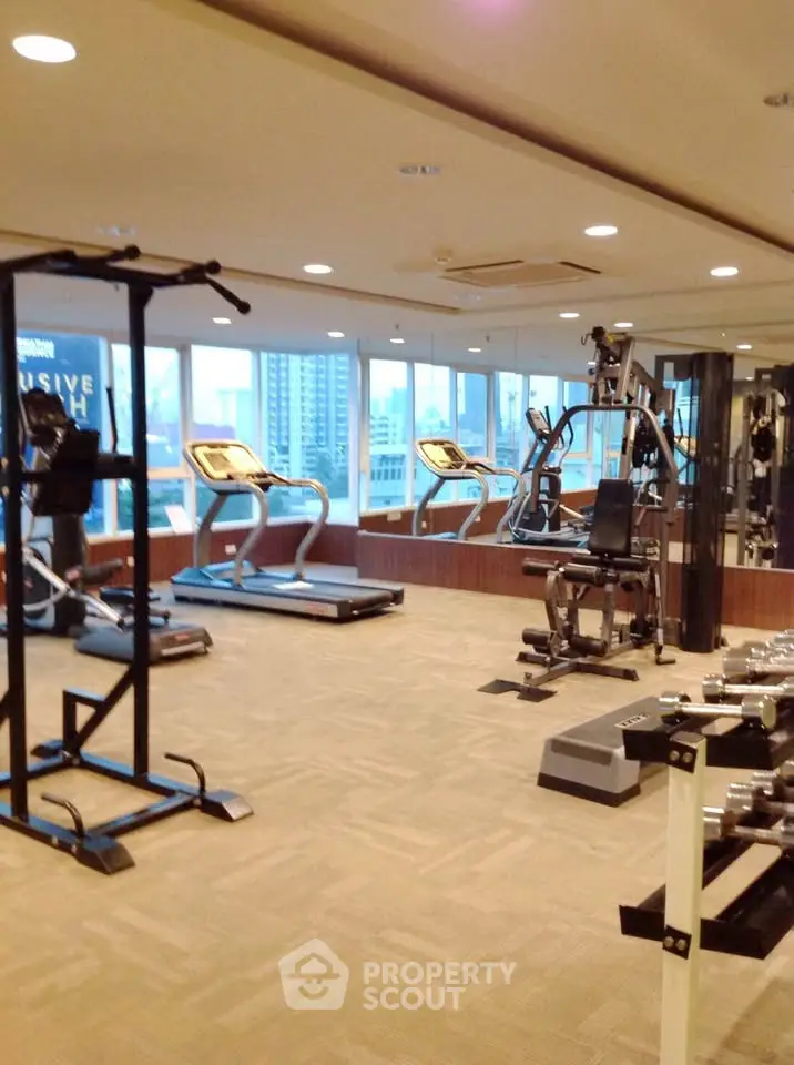 Modern gym with city view in luxury residential building