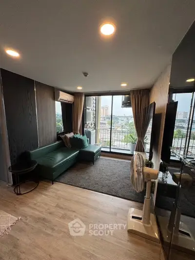 Modern living room with city view and stylish decor