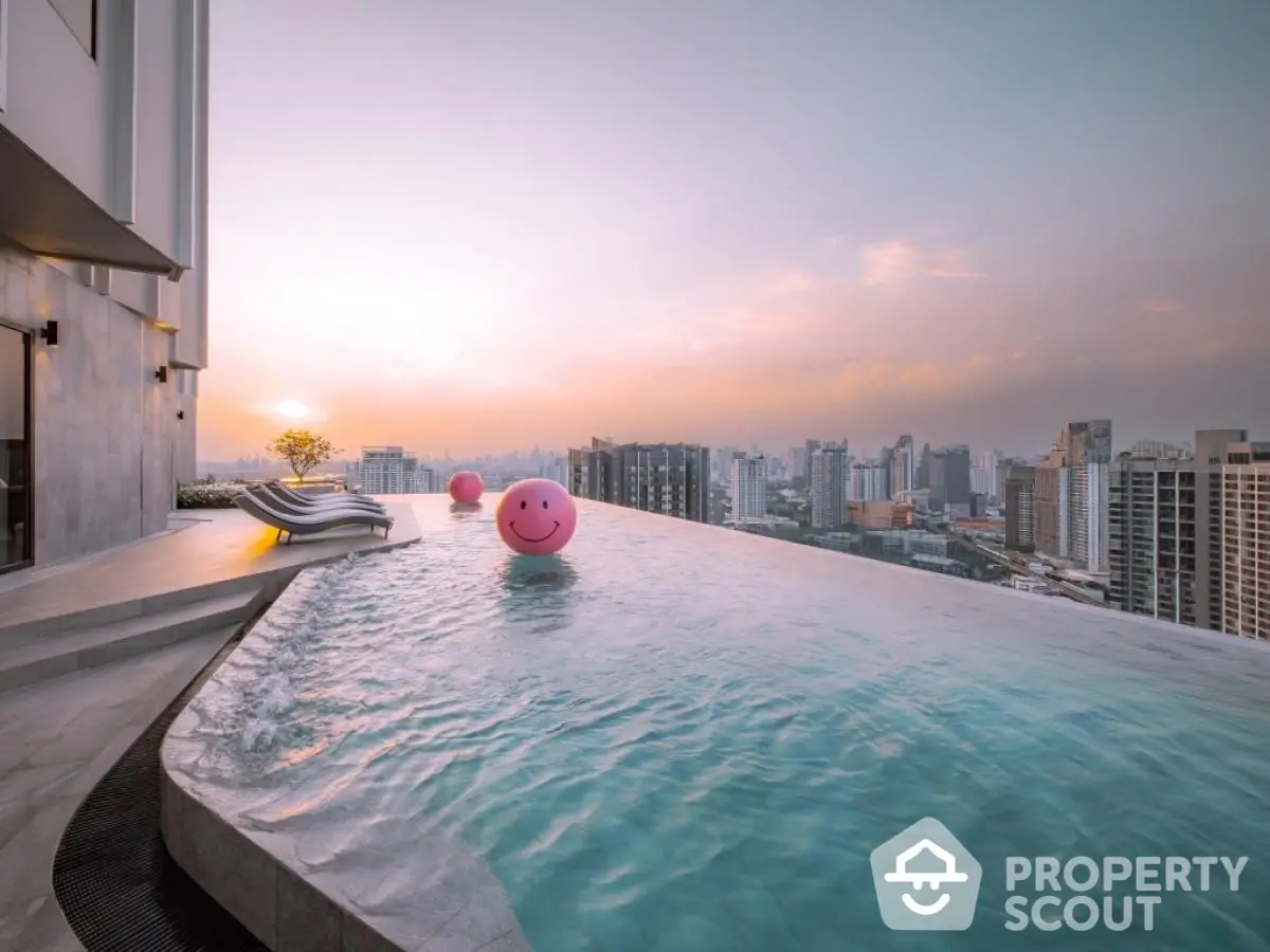 Luxurious rooftop infinity pool with stunning city skyline view at sunset