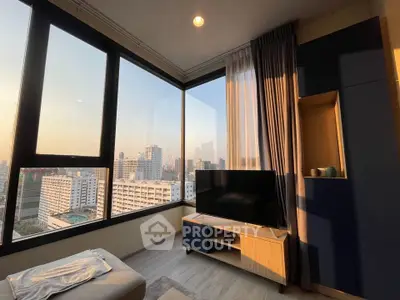 Modern living room with stunning city view and stylish decor