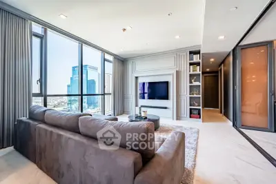 Luxurious modern living room with stunning city view and elegant decor