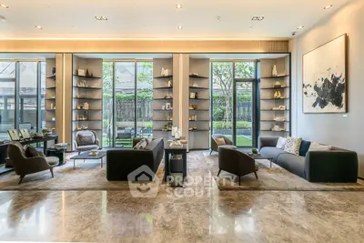 Luxurious modern living room with elegant decor and garden view