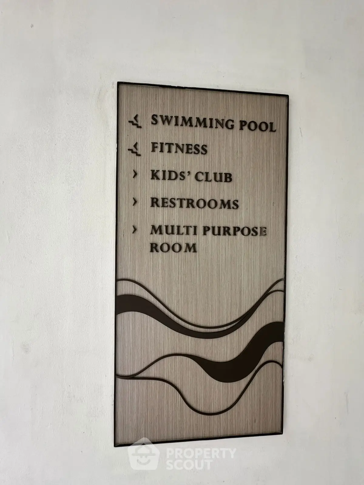 Directional sign for swimming pool, fitness, kids' club, restrooms, and multi-purpose room.