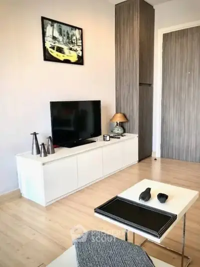 Modern living room with sleek TV stand and stylish decor