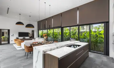 Luxurious open-plan living room with modern kitchen and lush garden view