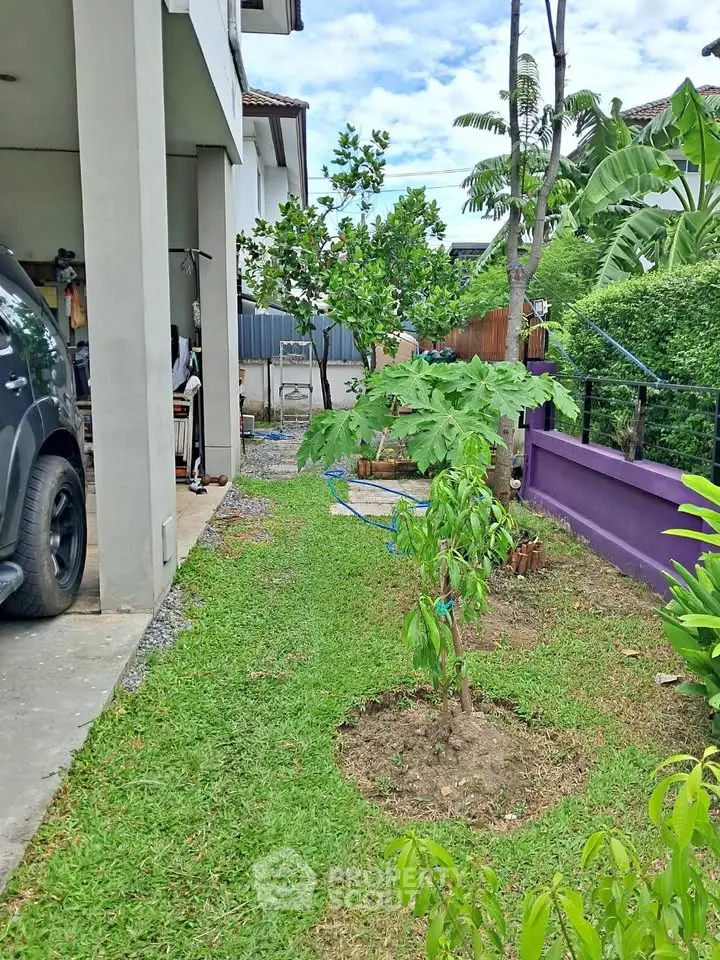 Charming residential garden with lush greenery and a modern exterior, perfect for outdoor relaxation.